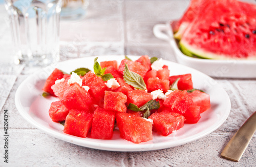 Salad with watermelon, feta cheese and mint leaf
