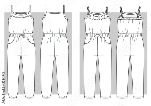 Summer girls jumpsuit with long pants. Set of technical sketches.