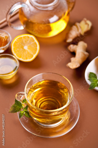 Refreshing ginger tea with lemon and honey