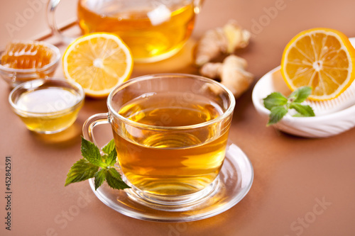 Refreshing ginger tea with lemon and honey