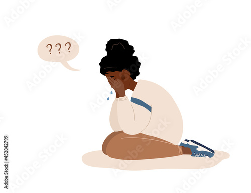 African woman in depression. Sad teenager sitting on floor and crying. Violence in family or mood disorder concept. Vector illustration in flat cartoon style