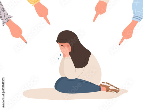 Social bullying. Fingers pointing on sad arab girl. Depressed teenager in hijab sitting on floor and crying. Violence in school. Vector illustration in flat cartoon style