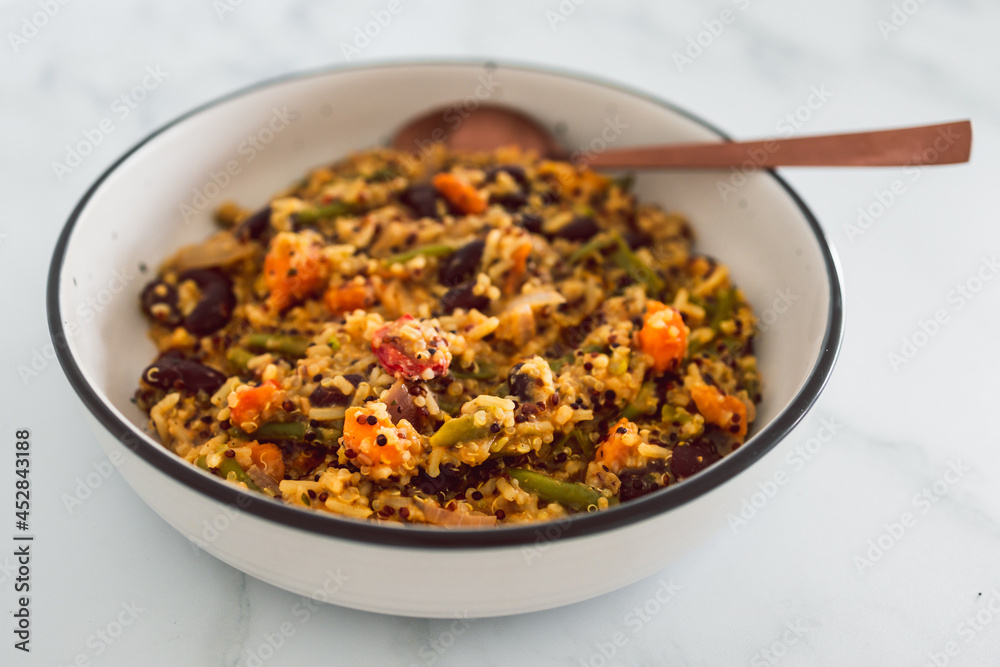 vegan quinoa with sweet potato green beans bell pepper and red kidney beans, healthy plant-based food vegan quinoa with sweet potato green beans bell pepper and red kidney beans, healthy plant-based food