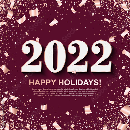 2022 Happy Holidays Banner with Silver Numbers on wine color background with scattered geometric and foil paper Confetti. Vector illustration