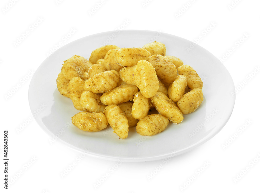 Plate with tasty pesto gnocchi on white background Plate with tasty pesto gnocchi on white background