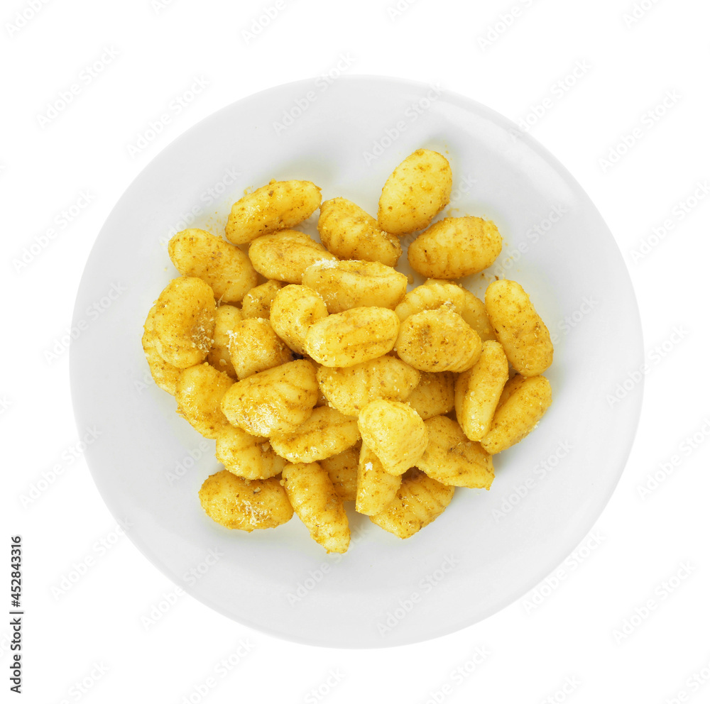 Plate with tasty pesto gnocchi on white background Plate with tasty pesto gnocchi on white background
