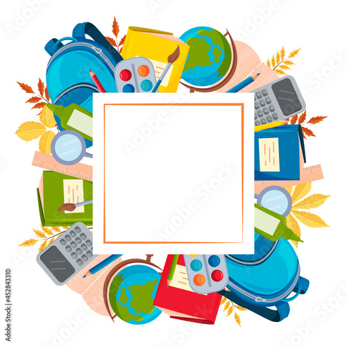A square frame made of school supplies. An empty space for the text. Postcard. A design element. Vector.
