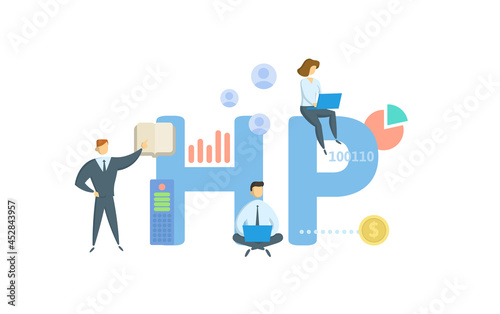 HP, Hire Purchase. Concept with keyword, people and icons. Flat vector illustration. Isolated on white.