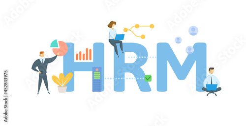 HRM, Human Resources Management. Concept with keyword, people and icons. Flat vector illustration. Isolated on white.