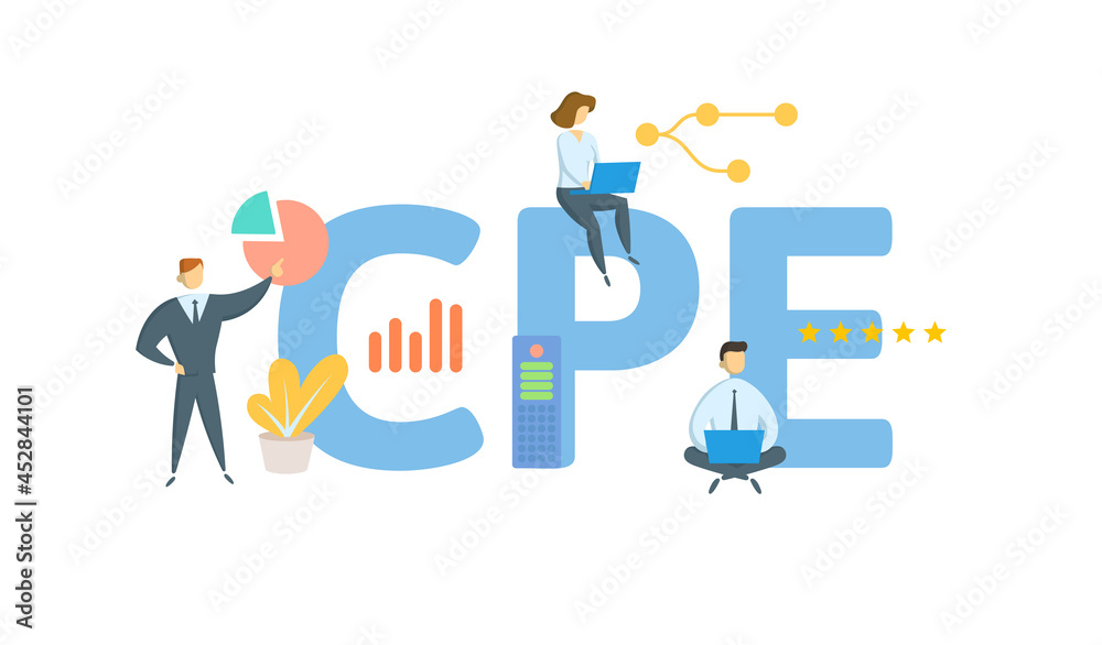 CPE, Continuing Professional Education. Concept with keyword, people and icons. Flat vector illustration. Isolated on white. CPE, Continuing Professional Education. Concept with keyword, people and icons. Flat vector illustration. Isolated on white.