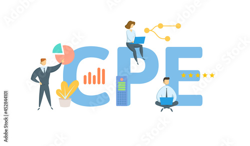 CPE, Continuing Professional Education. Concept with keyword, people and icons. Flat vector illustration. Isolated on white.