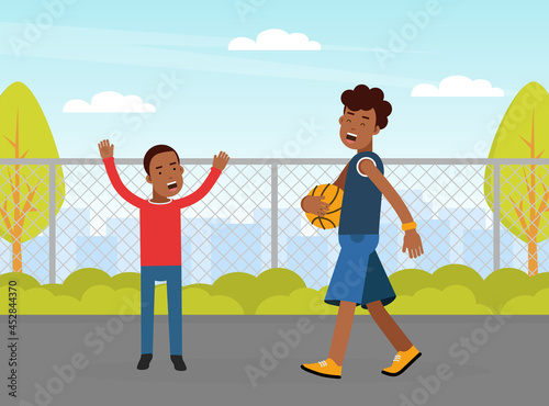 Young Man with Boy Playing Basketball Doing Sport and Physical Exercise Vector Illustration