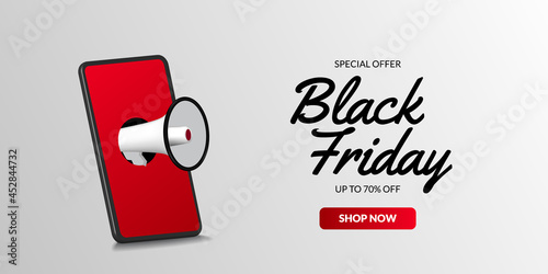 3d phone and megaphone illustration concept for black friday sale offer banner poster on ecommerce template