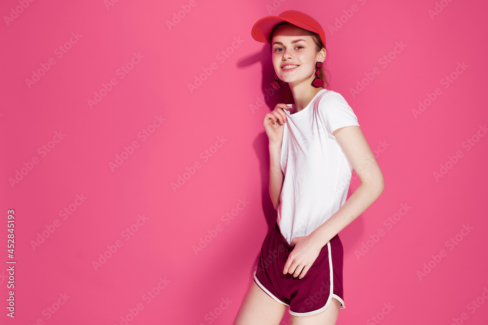 Glamorous Woman Red Caps Posing Summer Glamorous Woman Red Caps Posing Summer