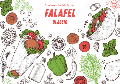 Falafel cooking and ingredients for falafel, sketch illustration. Middle eastern cuisine frame. Street food, design elements. Hand drawn, menu and package design. Vegan food.