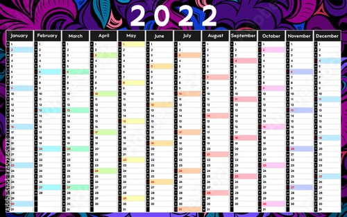 Calendar for 2022, daily event planner with abstract decor, vector color illustration
