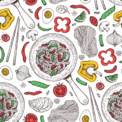Wok pan and ingredients for wok seamless pattern. Hand drawn vector illustration. Asian food top view. Noodles, meat, pepper and other ingredients. Asian cuisine background.