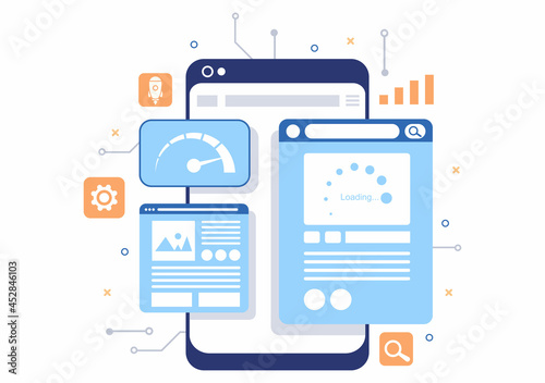Website Loading Speed Optimization With Server, Web Programming, Mobile App Development, and Page Software. Background Vector Illustration