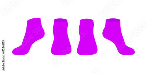 Purple socks template mockup flat style design vector illustration set isolated on white background. Low cut black socks with different angles mockups.