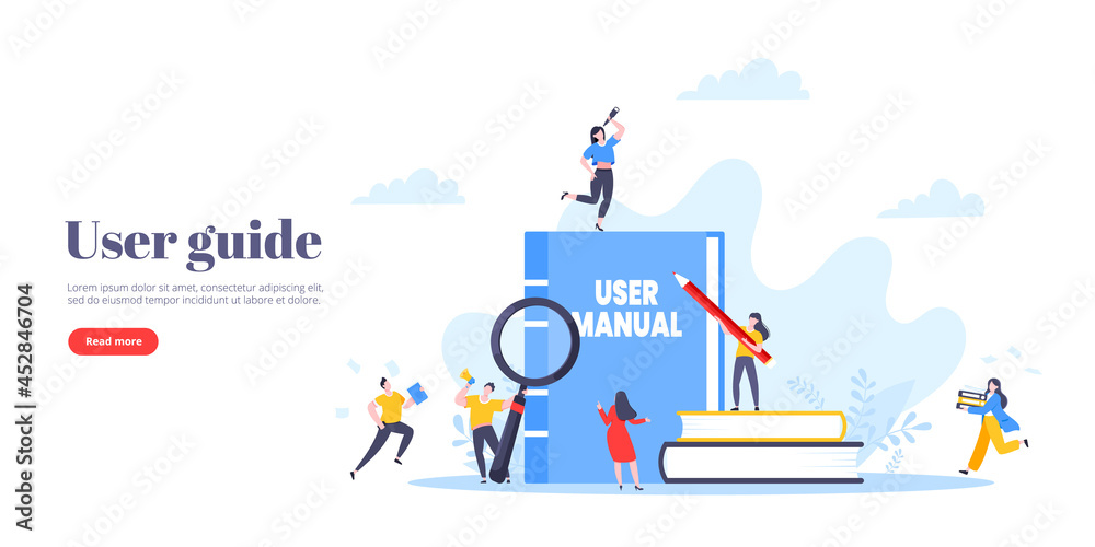 User manual guide book flat style design vector illustration. Tiny people, magnifying glass and guidance manual instructions working together with guide book. Specifications user guidance document.