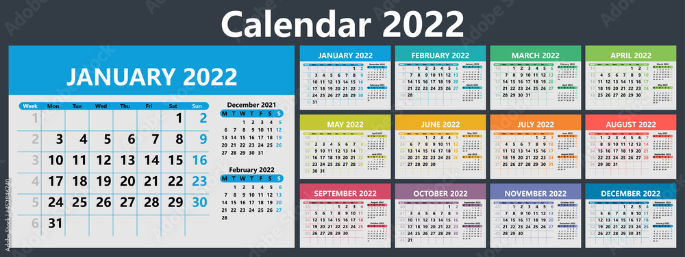 Planner calendar for 2022 with week numbers. Template for a wall calendar for a company. The week starts on Monday. Vector illustration
