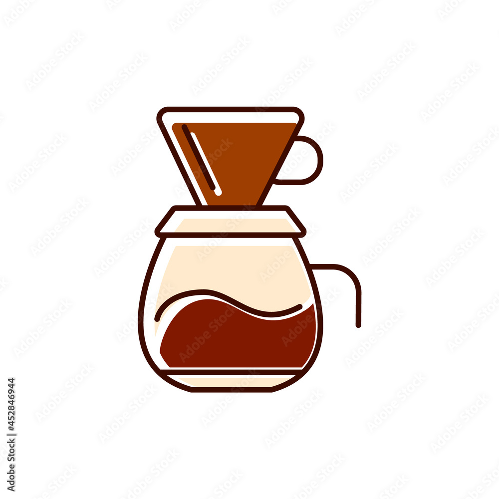 Coffee pot with cap flat icon. Moka pot. Pour over coffee maker. Isolated vector stock illustration