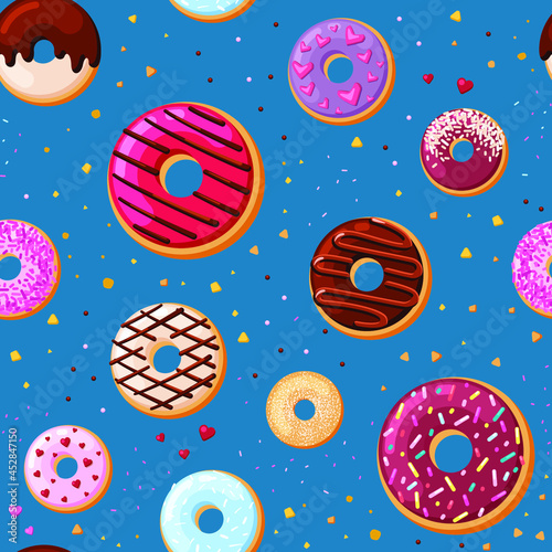 Cream tasty donuts seamless pattern. Yummy pastries with cream sprinkled caramel and chocolate powder festive treat with designer delicious tracery decoration of holiday. Vector candy cartoon.