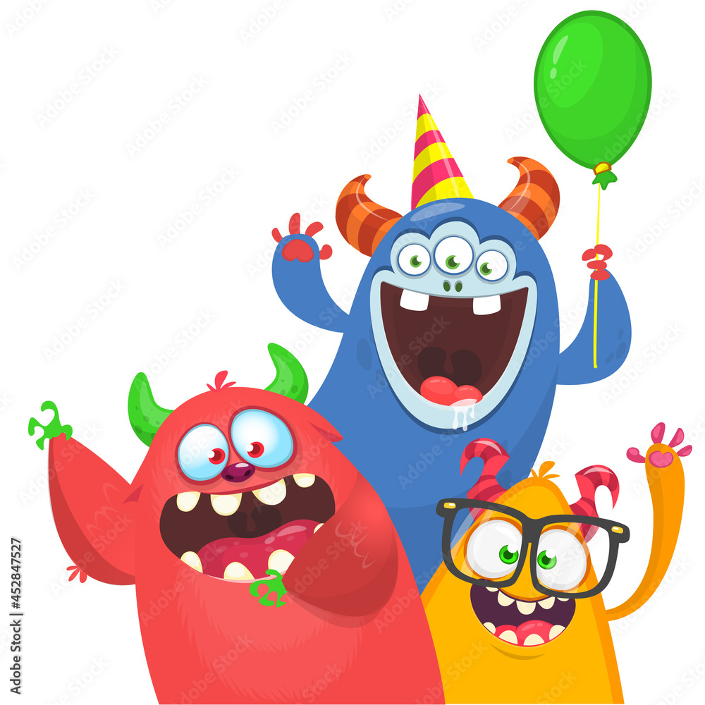 Naklejka premium Funny cartoon monster characters set card for birthday party. Illustration of happy alien creatures. Package or invitation design