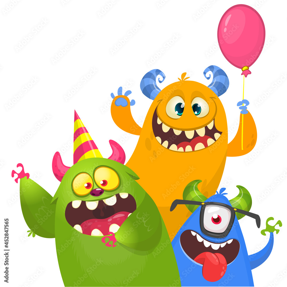 Naklejka premium Funny cartoon monster characters set card for birthday party. Illustration of happy alien creatures. Package or invitation design