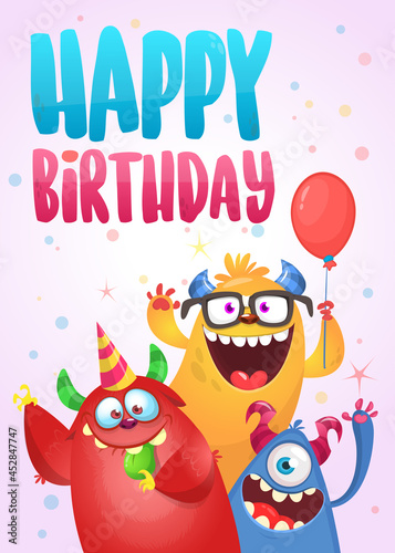 Funny cartoon monster characters set card for birthday party. Illustration of happy alien creatures. Package or invitation design