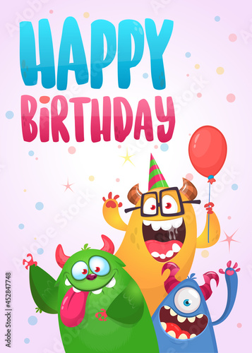 Funny cartoon monster characters set card for birthday party. Illustration of happy alien creatures. Package or invitation design