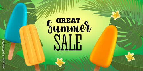 Summer sale banner template with popsicle ice cream, frangipani flower and palm leaves. Typography badge. Vector