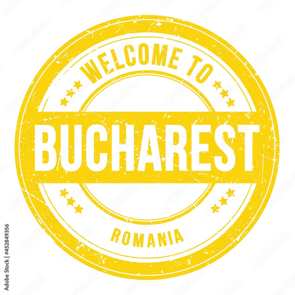 WELCOME TO BUCHAREST - ROMANIA, words written on yellow stamp WELCOME TO BUCHAREST - ROMANIA, words written on yellow stamp