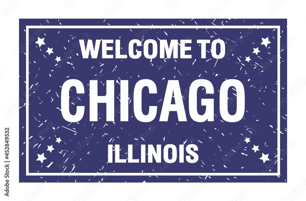 WELCOME TO CHICAGO - ILLINOIS, words written on blue rectangle stamp
