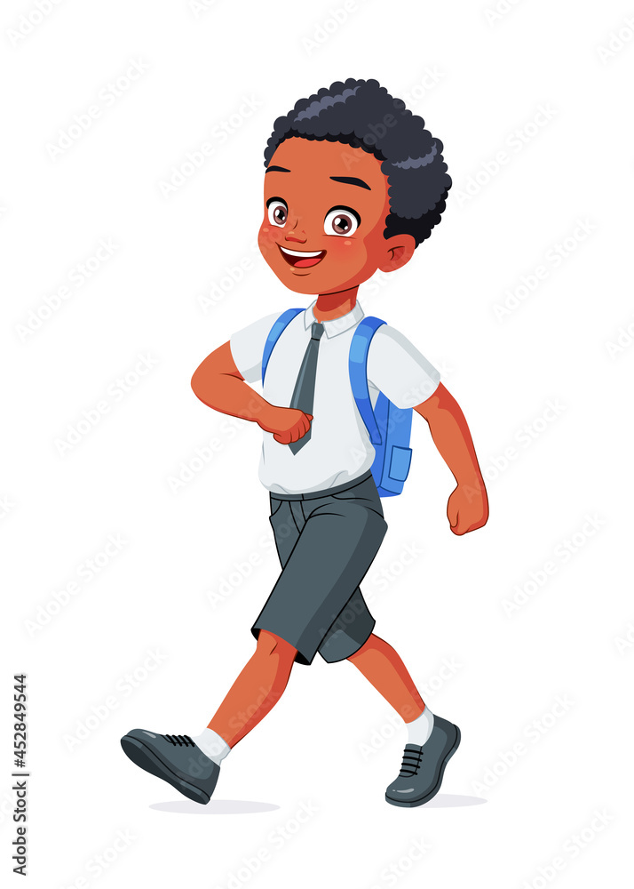 Happy Black school boy walking. Cartoon vector illustration. Happy Black school boy walking. Cartoon vector illustration.