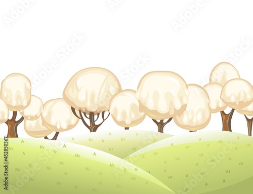 Fabulous sweet forest. Ice cream  drips of white milk cream. Trees with chocolate trunks. Cute hilly landscape for children. Isolated illustration. Vector