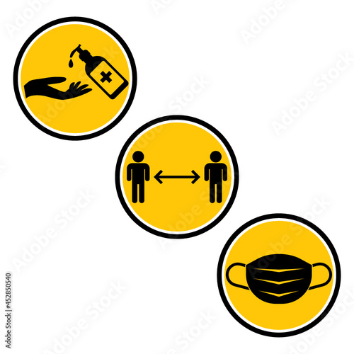 Disinfect your hands, keep distance and wear a mask icons isolated on white background
