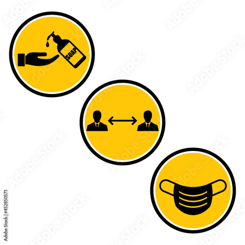 Disinfect your hands, keep distance and wear a mask icons isolated on white background