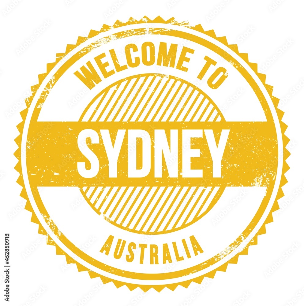 WELCOME TO SYDNEY - AUSTRALIA, words written on yellow stamp