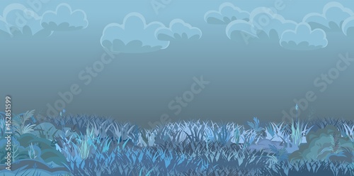 Dense meadow in the evening. Dark thickets at night. Grass area. Beautiful and graceful landscape. Flat style. Cartoon design. Vector