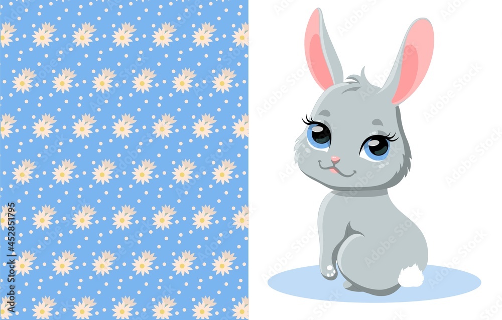 Obraz premium Cute bunny and pattern. Little rabbit looks around. Near forms for printing on fabric or clothing. Baby images and poster for children. Cartoon vector illustration isolated on white background