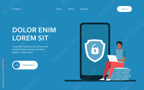 Tiny man investing money safely online. Coin, smartphone, padlock flat vector illustration. Security and digital technology concept for banner, website design or landing web page
