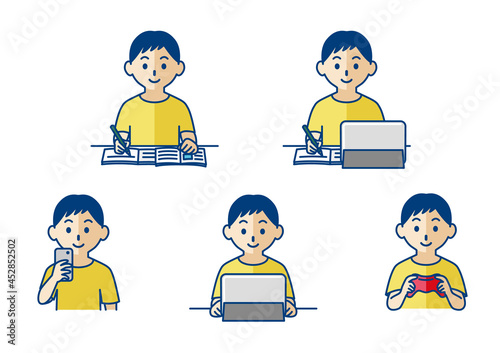 勉強とゲームをする男の子の上半身イラスト