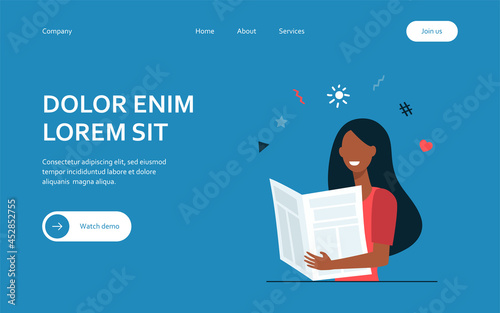 Happy African American woman reading newspaper. News, information, paper flat vector illustration. Mass media and entertainment concept for banner, website design or landing web page