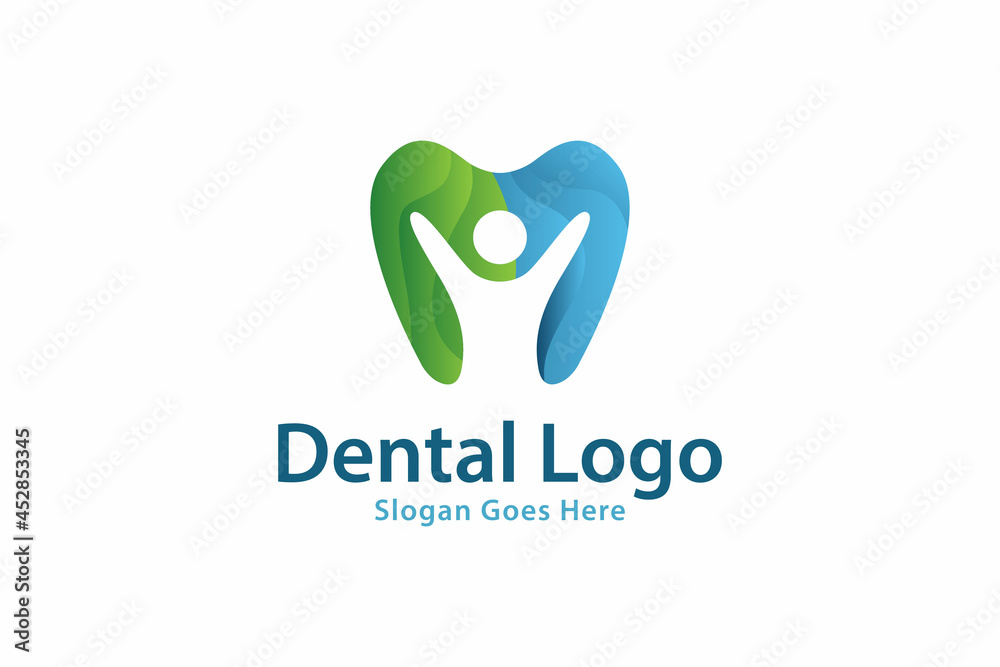 dental care logo design, with human negative space, colorful tooth element, fresh nature, green color combined blue, vector graphic