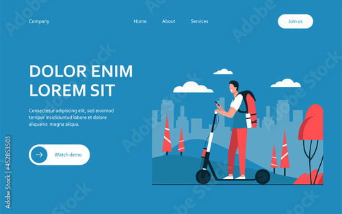 Happy smiling man riding kick scooter on sidewalk flat vector illustration. Cartoon hipster using electric scooter. Electrical personal transportation and urban lifestyle concept