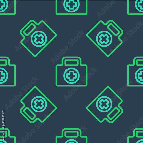Line First aid kit icon isolated seamless pattern on blue background. Medical box with cross. Medical equipment for emergency. Healthcare concept. Vector