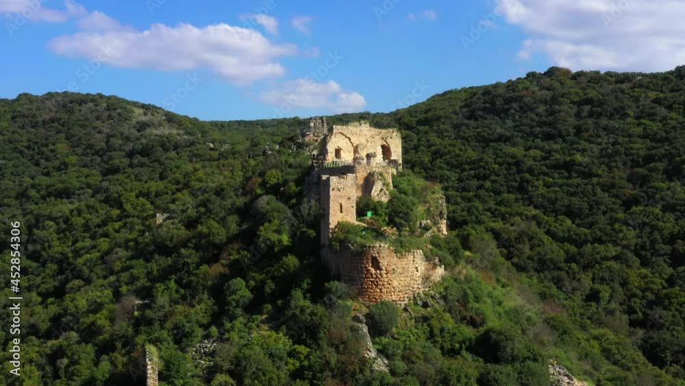 Aerial Forward Scenic View Of Montfort Fortress On Mountain, Drone Flying Over People At Vacation Aerial Forward Scenic View Of Montfort Fortress On Mountain, Drone Flying Over People At Vacation