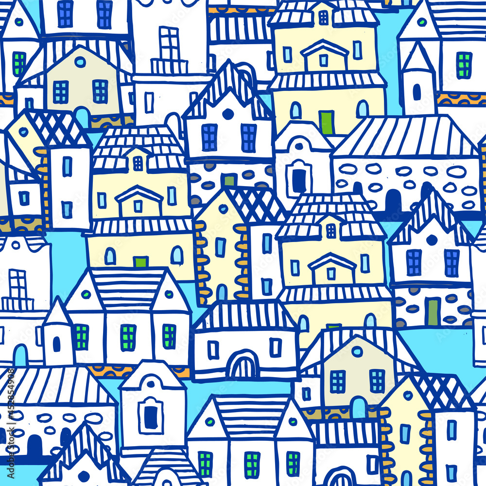 hand drawn contour seamless pattern with old town