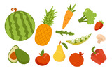 Set of juicy fruits and vegetables. Beautiful stickers with watermelon, apple, pepper, carrot and mushroom. Design elements for posters and banners. Cartoon flat vector collection on white background